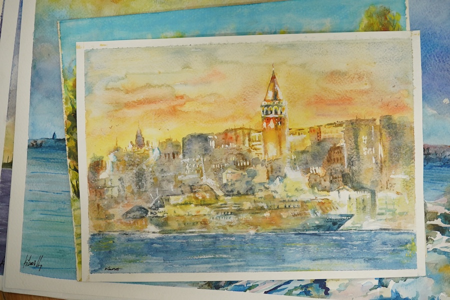 Baris Ali Kibar (Contemporary), eleven watercolours on card, Landscapes to include London views, Coastal scenes and an alpine landscape, some signed and dated, largest 30 x 40cm, unframed. Condition - fair
